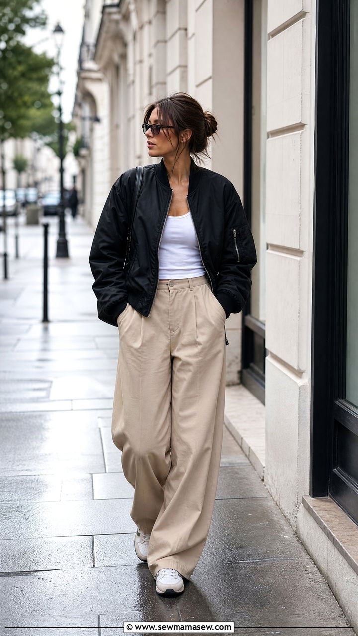 Bomber Jacket With Wide Leg Trousers and Trainers - 30 rainy day outfits casual
