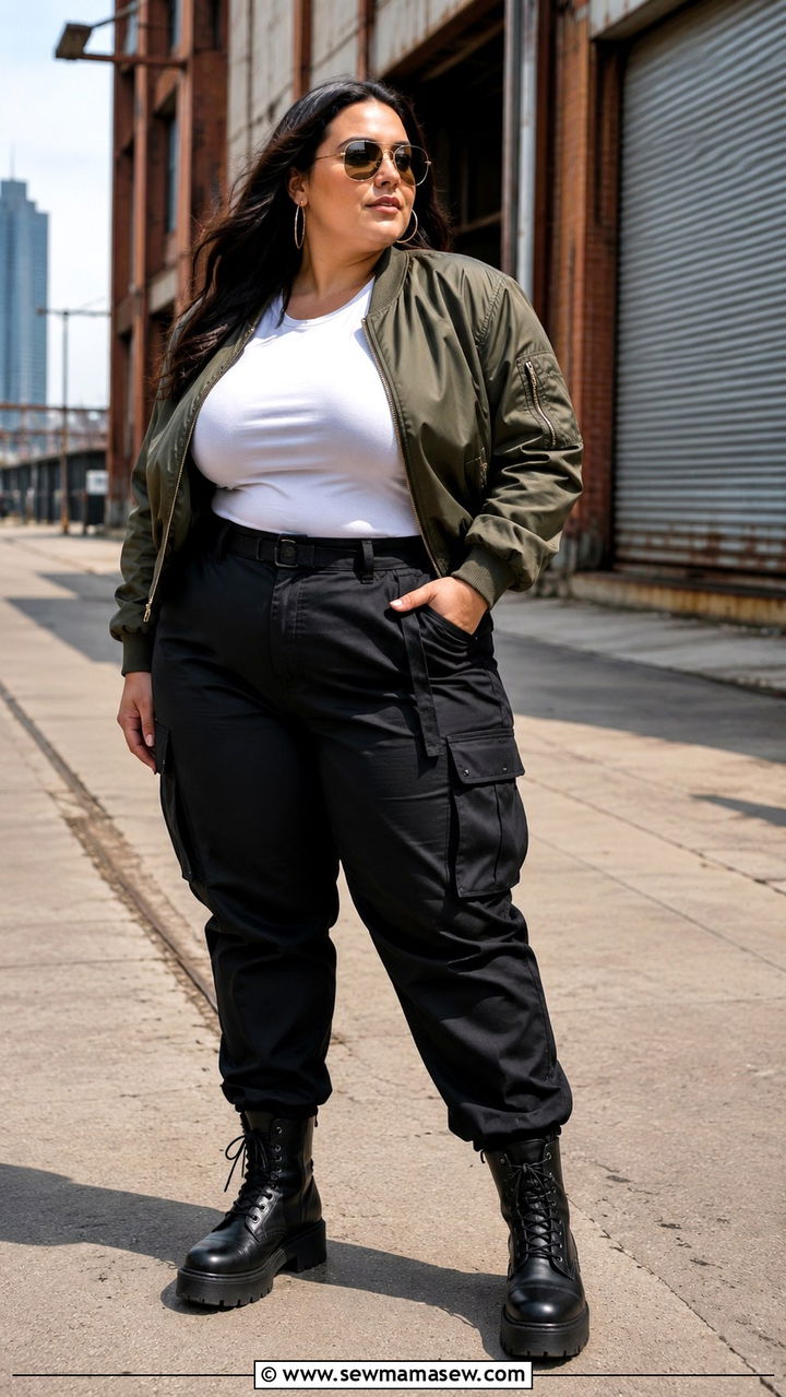 Bomber Jacket With a Fitted Tee Cargo Pants and Combat Boots - 30 Plus size outfit ideas with cargo pants