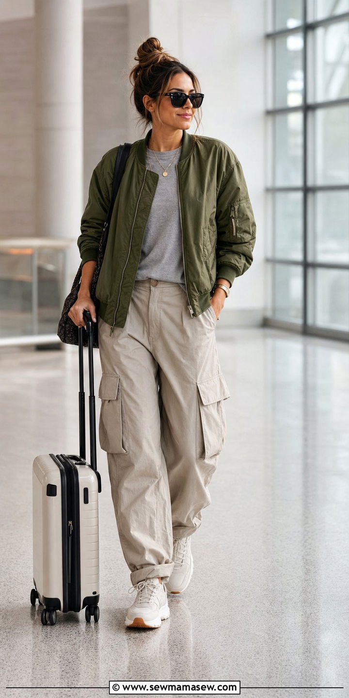 Bomber Jacket With a T Shirt and Cargo Pants - 25 Cool aunt outfit ideas