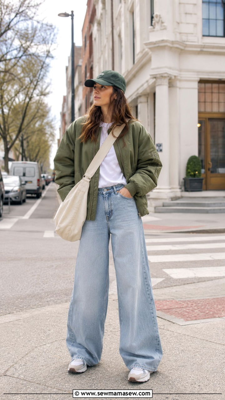 Bomber Jacket With a T Shirt and Wide Leg Jeans - 30 Light jacket weather outfit ideas