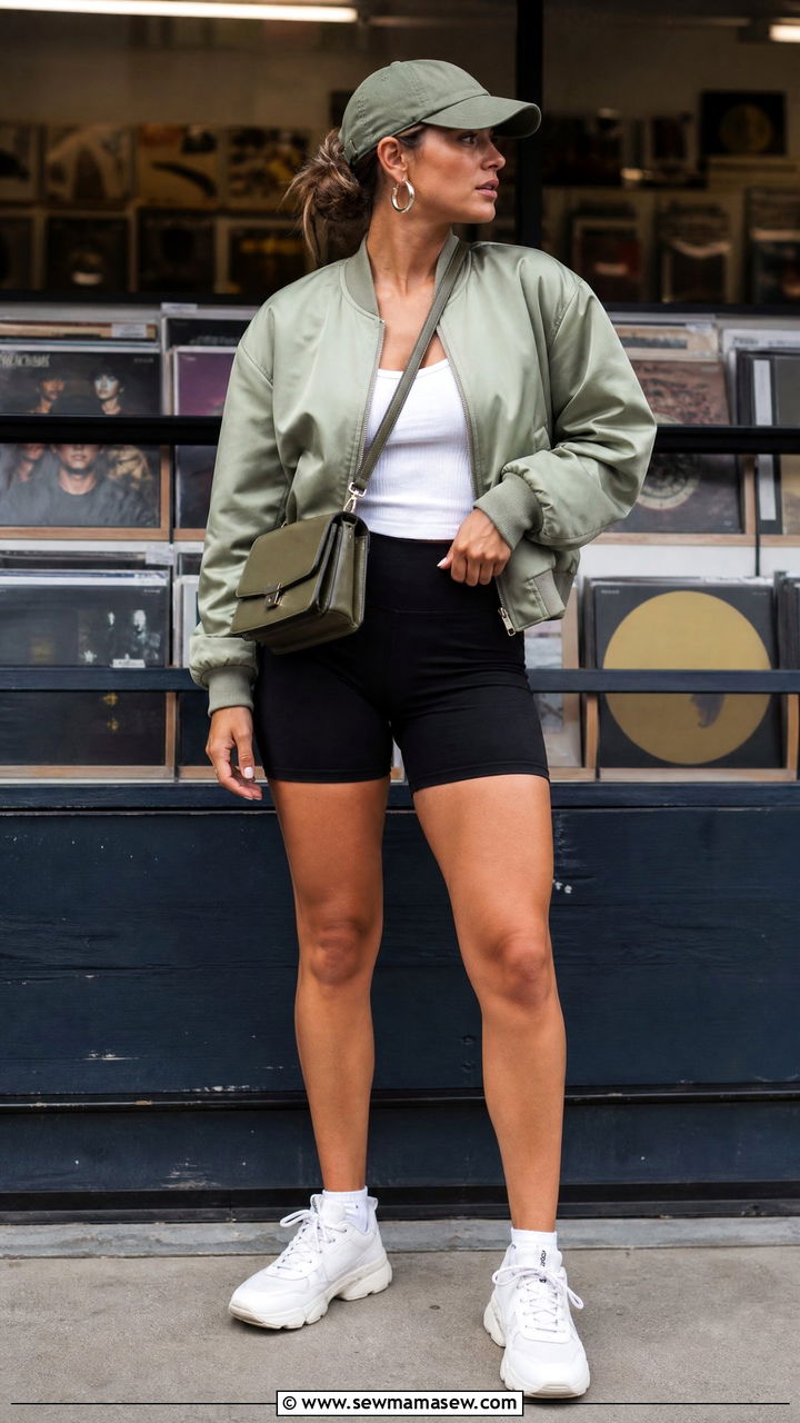 Bomber Jacket and Biker Shorts - 30 summer athleisure outfits