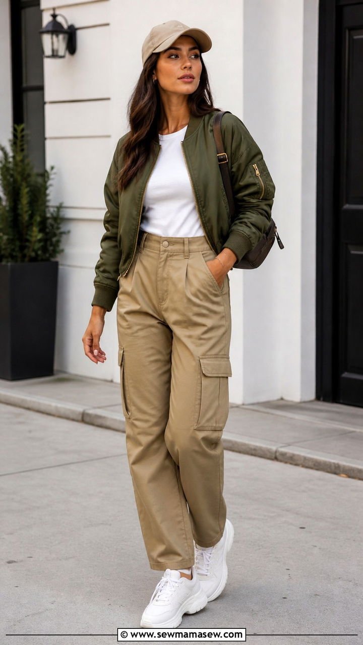 Bomber Jacket and Cargo Pants with Sneakers - 40 weekend outfit ideas for women