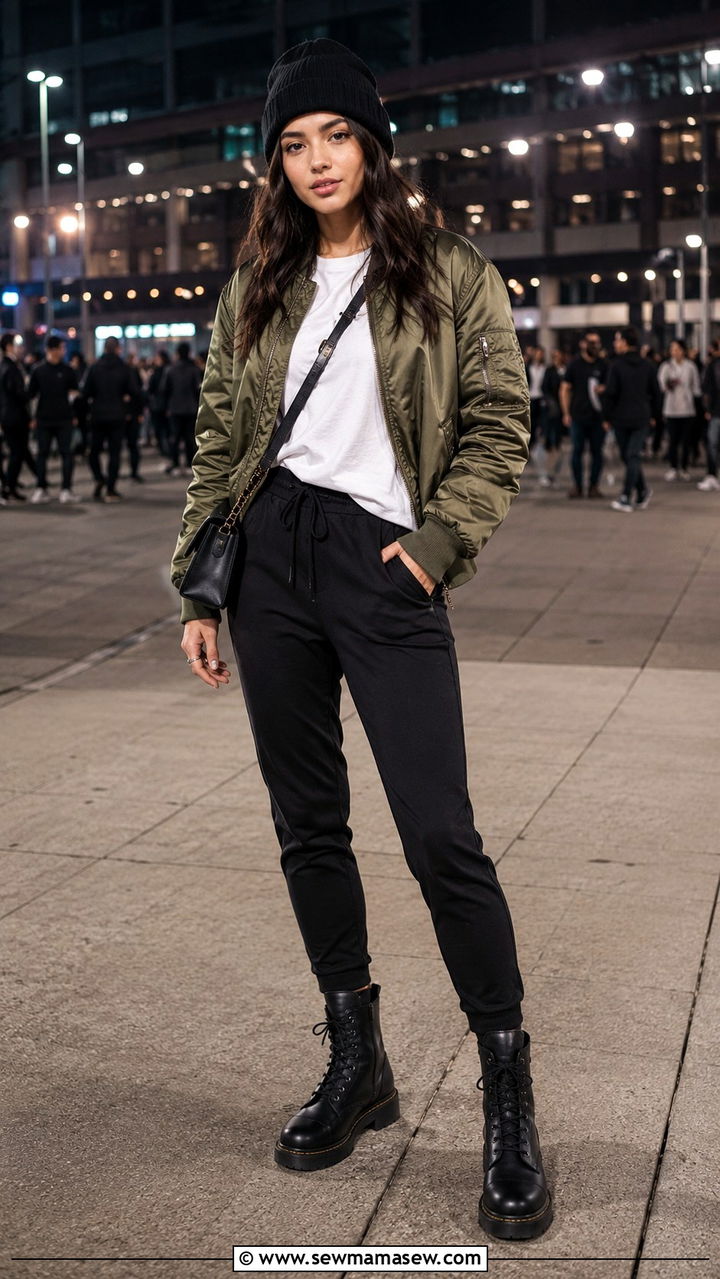 Bomber Jacket and Combat Boots with Slim Joggers - 30 joggers outfit ideas for women