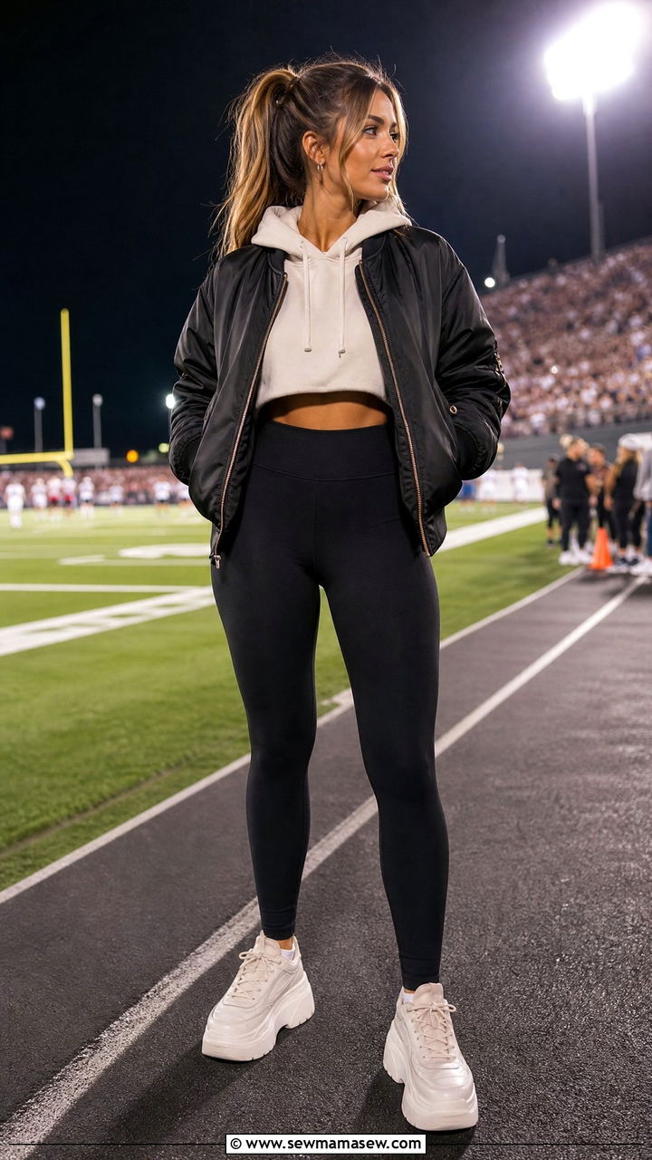 Bomber Jacket and Cropped Hoodie with Tights Outfit - 25 Football game outfit ideas mom