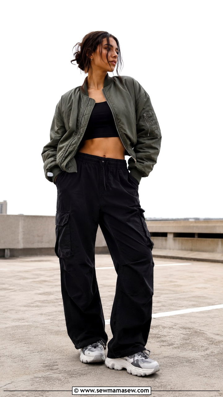 Bomber Jacket and Cropped Top with Loose Cargo Pants - 30 grunge outfits inspo