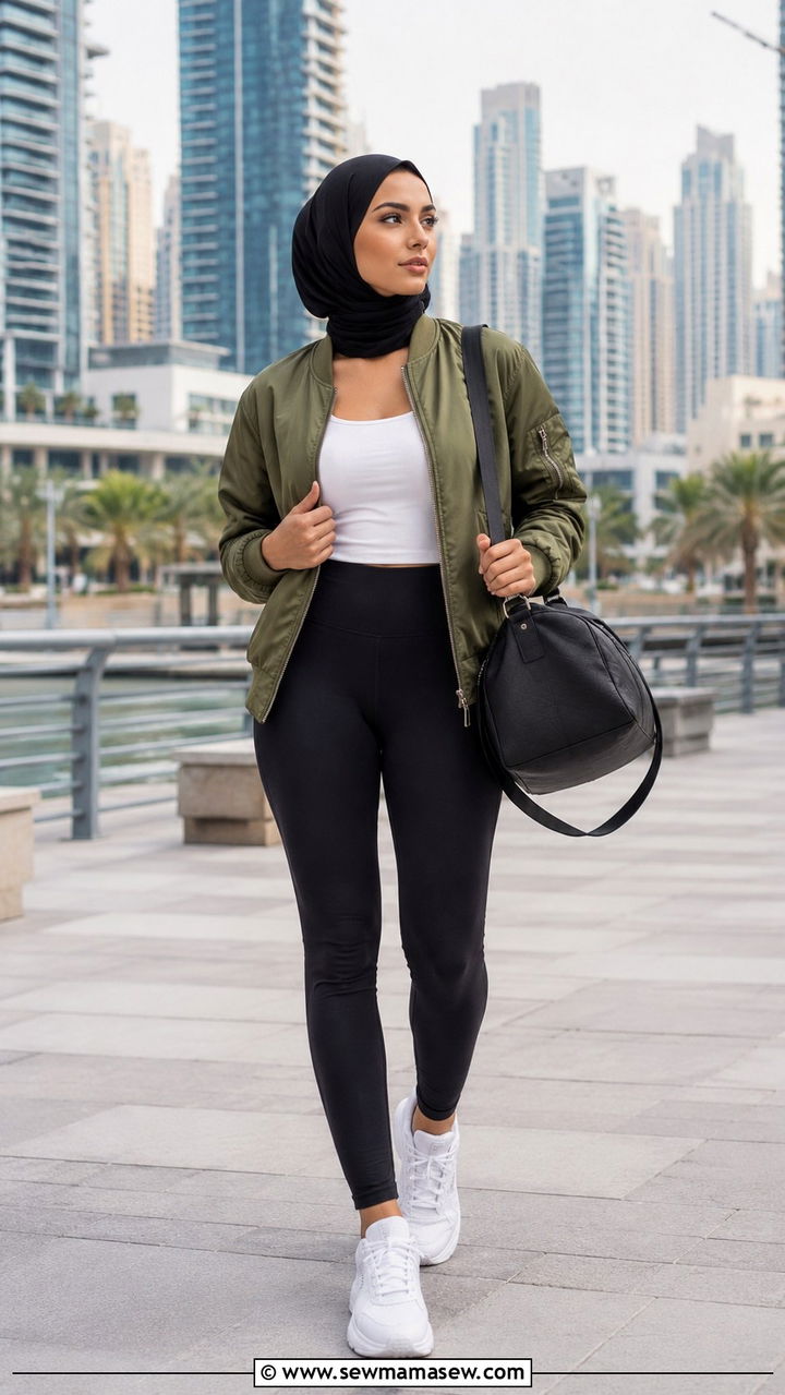 Bomber Jacket and Leggings Gym Look - 30 Modest outfit ideas for gym