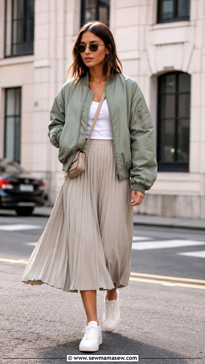 Bomber Jacket and Midi Skirt Spring Outfit - 30 spring outfits 2026 women aesthetic