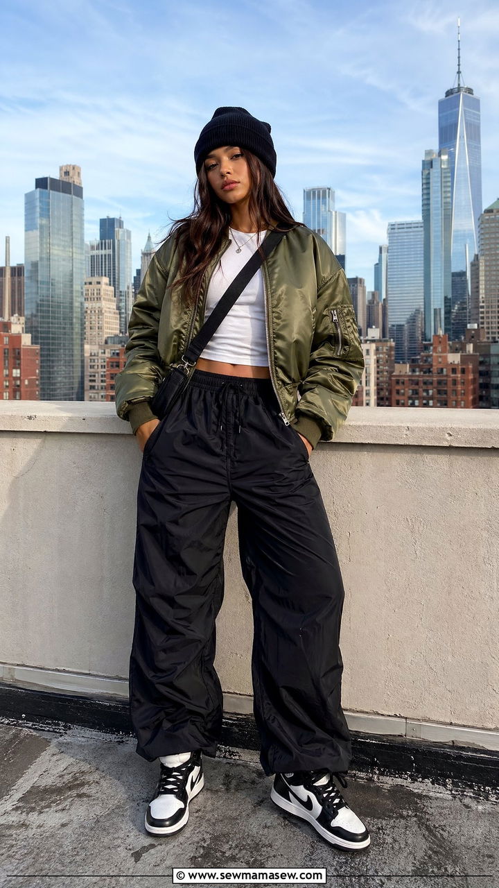 Bomber Jacket and Parachute Pants Outfit - 35 Downtown girl outfit ideas