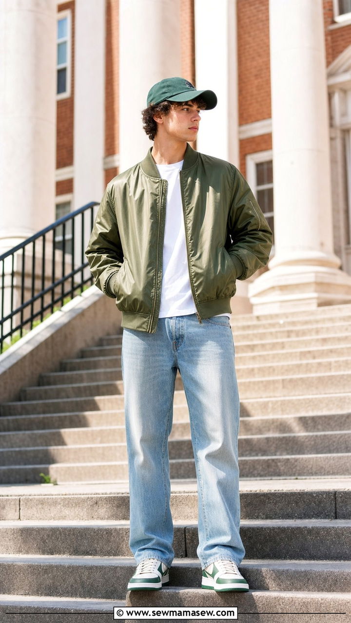 Bomber Jacket and Straight Leg Jeans Outfit - 35 Back to school outfit ideas college freshman