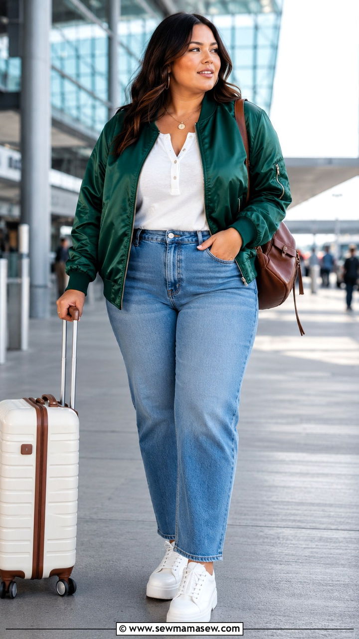 Bomber Jacket and Straight Leg Jeans Travel Outfit Curvy Women - 25 Travel outfit ideas curvy women