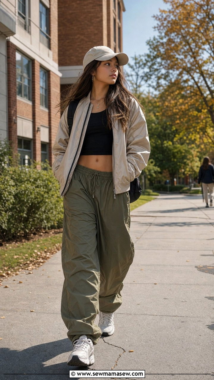 Bomber Jacket over Crop Top with Baggy Parachute Pants Outfit - 35 Back to school outfit ideas 10th grade