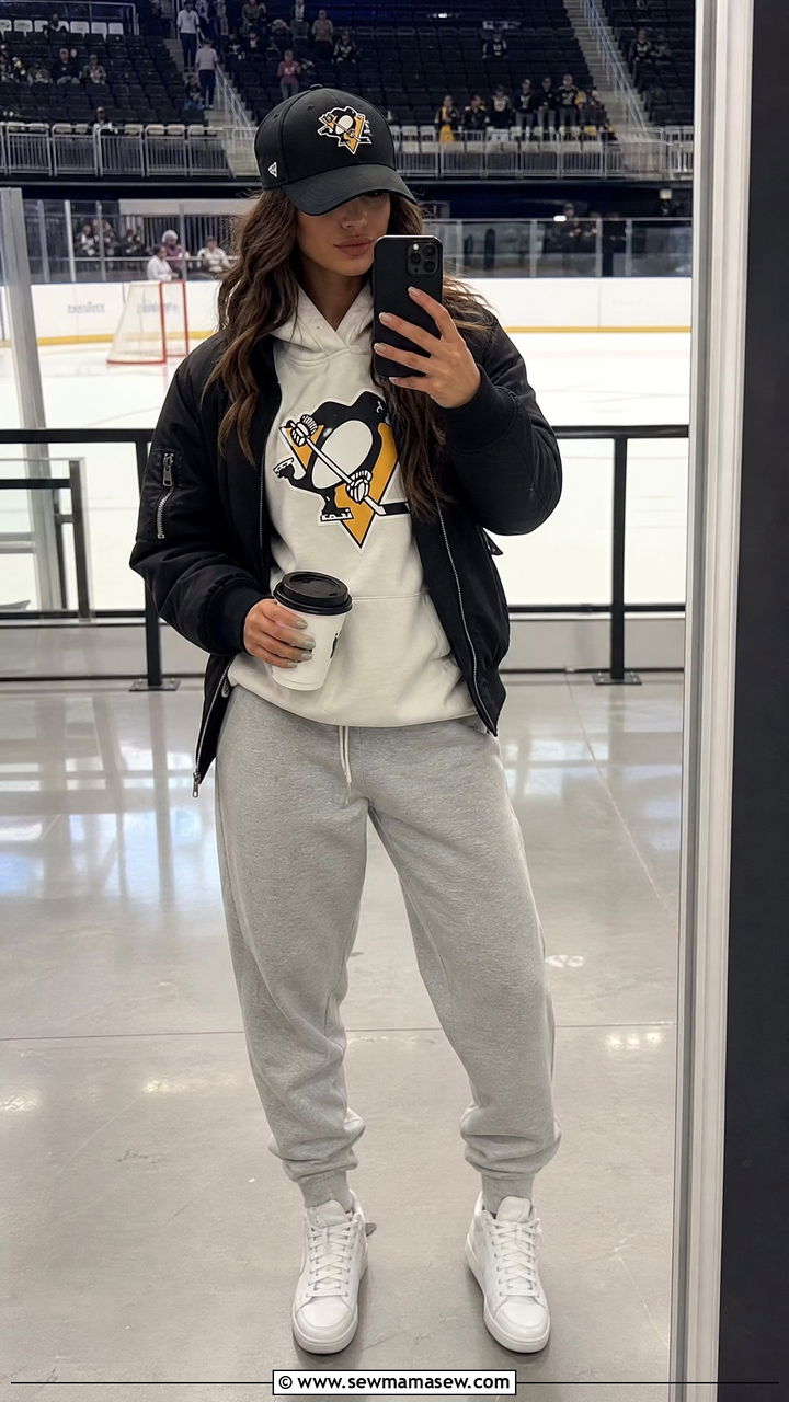 Bomber Jacket over Team Hoodie with Joggers - 25 Hockey game outfit ideas