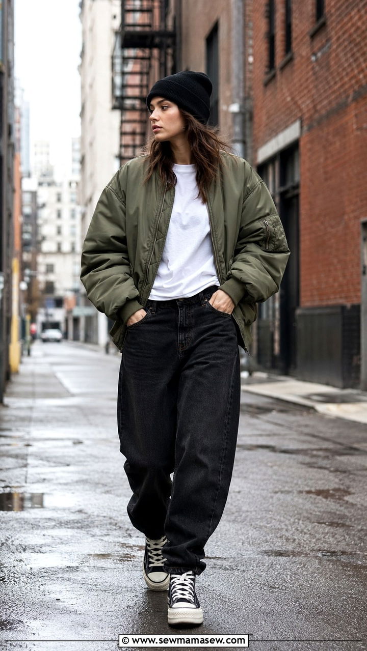 Bomber Jacket with Black Baggy Jeans and Platform Sneakers - 30 Tomboy outfit ideas