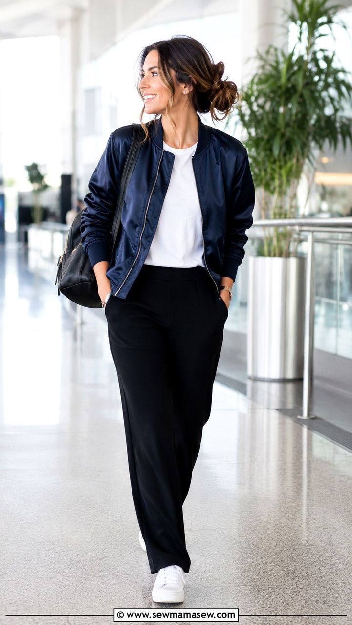 Bomber Jacket with Black Pants and White Tee - 25 Airport outfit ideas for 12 hour flight