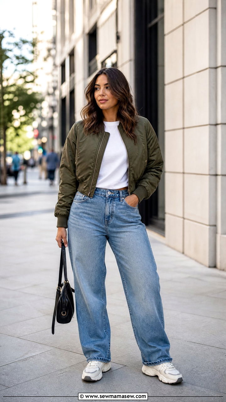Bomber Jacket with Boyfriend Jeans for Wide Hips - 25 casual outfits for women with wide hips