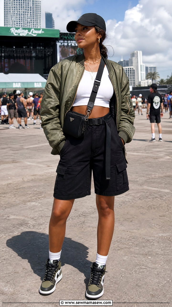 Bomber Jacket with Cargo Shorts Rap Concert - 25 Rap concert outfit ideas