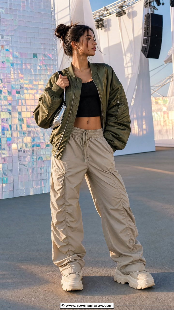 Bomber Jacket with Crop Top and Parachute Pants - 30 streetwear outfits to copy