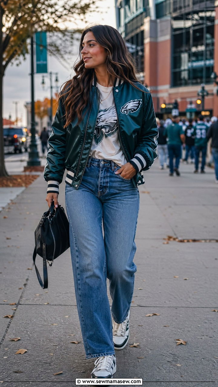 Bomber Jacket with Graphic Tee and Straight Leg Jeans - 35 Football game outfit ideas for women
