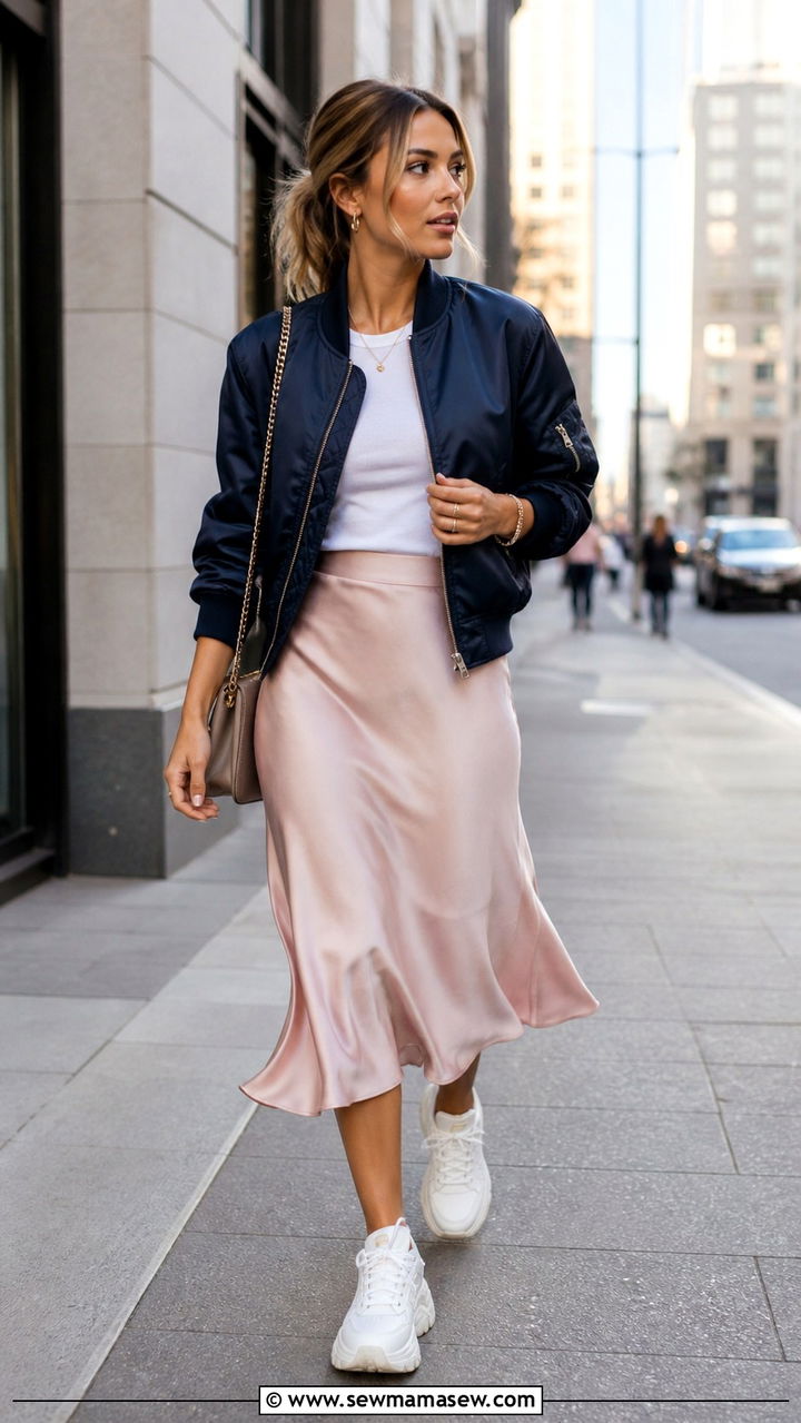 Bomber Jacket with Midi Skirt and Chunky Sneakers - 40 transitional outfits