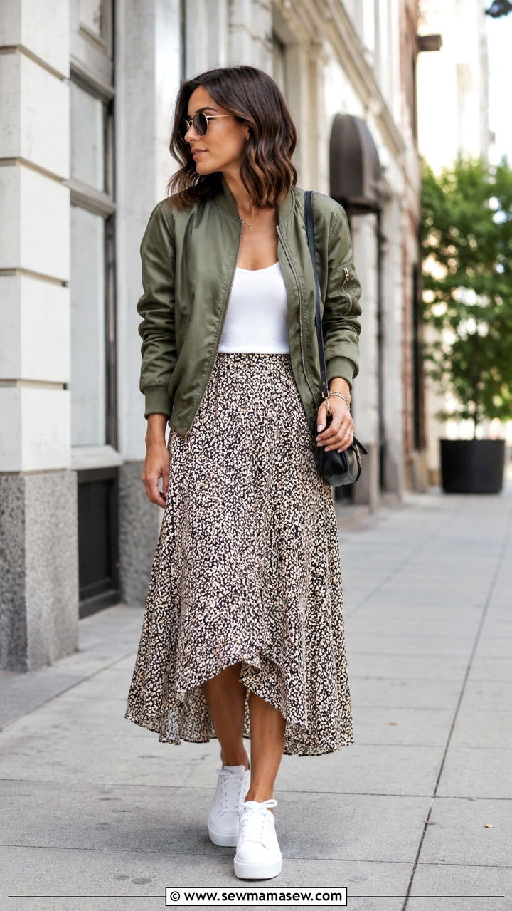 Bomber Jacket with Midi Skirt and Platform Sneakers - 30 transitional street style outfits