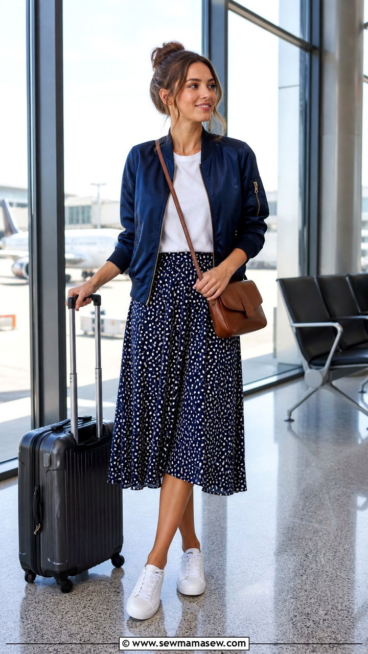Bomber Jacket with Printed Midi Skirt and Sneakers Airport Outfit - 40 Chic airport outfits