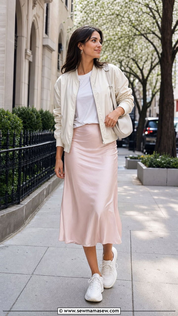 Bomber Jacket with Satin Midi Skirt - 25 Dressy casual spring outfit ideas 2026