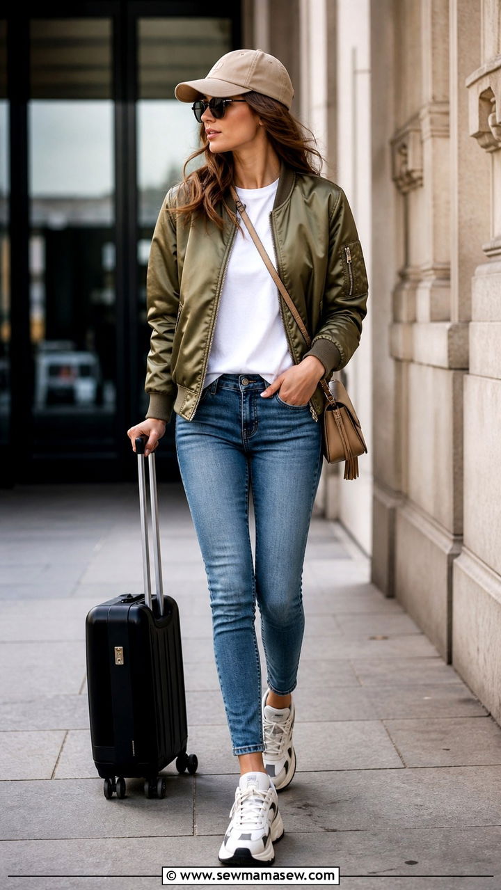 Bomber Jacket with Slim Jeans and Chunky Trainers - 40 jeans outfit ideas for women