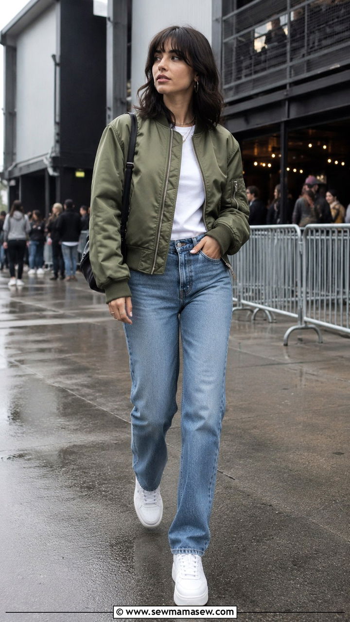Bomber Jacket with Straight Leg Jeans - 30 Indoor concert outfit ideas