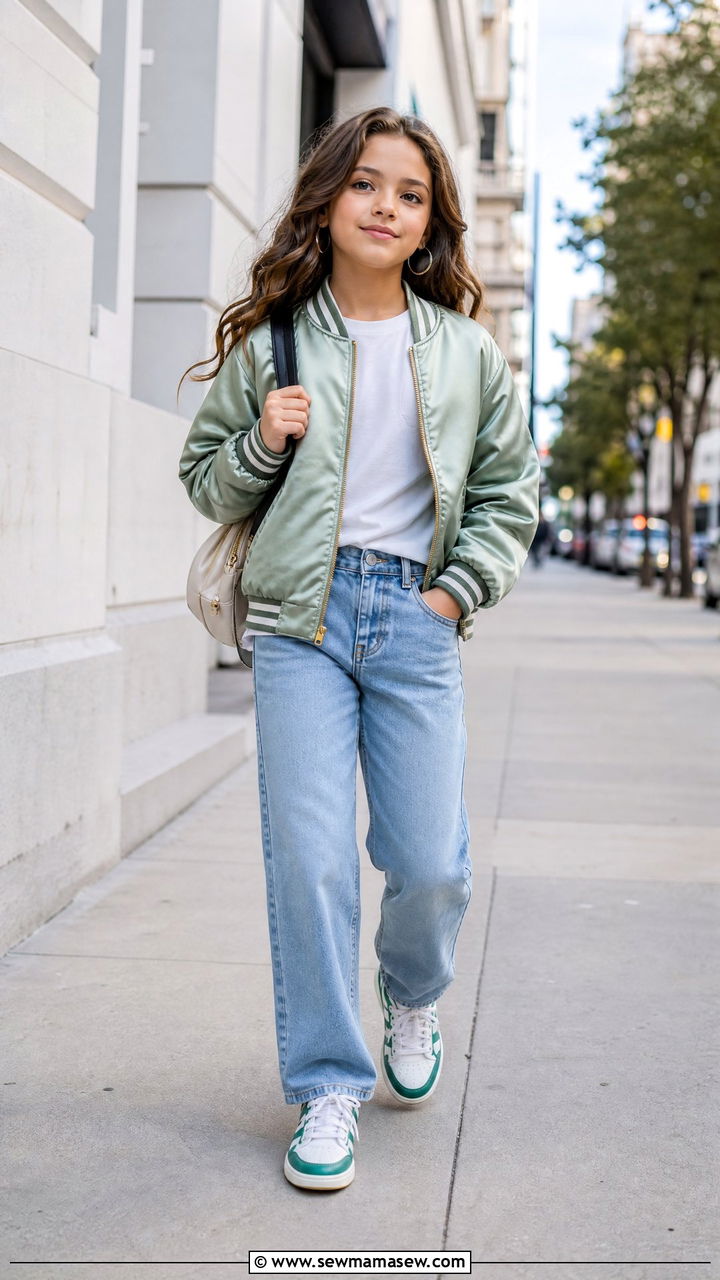 Bomber Jacket with Straight Leg Jeans and Sneakers - 25 Tween outfit ideas for 10 year olds