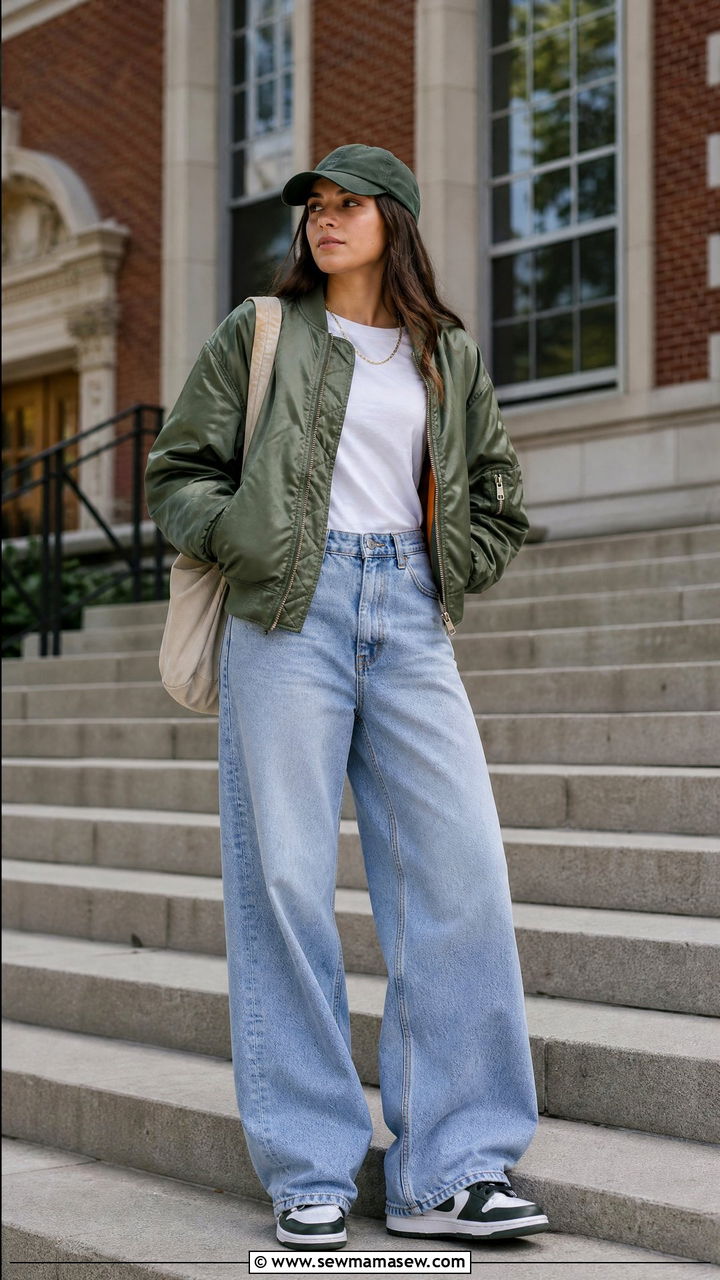 Bomber Jacket with Wide Leg Jeans and Retro Sneakers - 30 College campus outfit ideas 2026