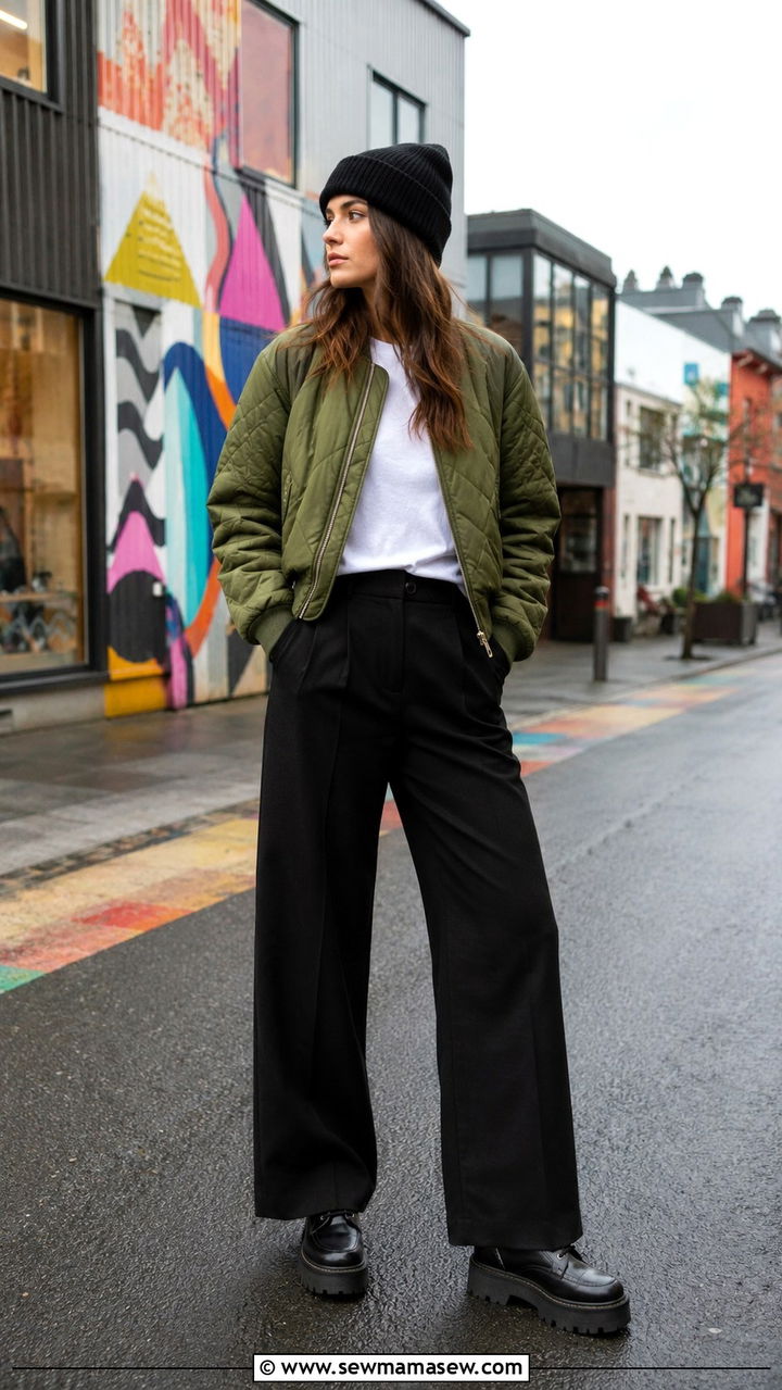 Bomber Jacket with Wide Leg Pants and Platform Boots - 30 Iceland outfit ideas