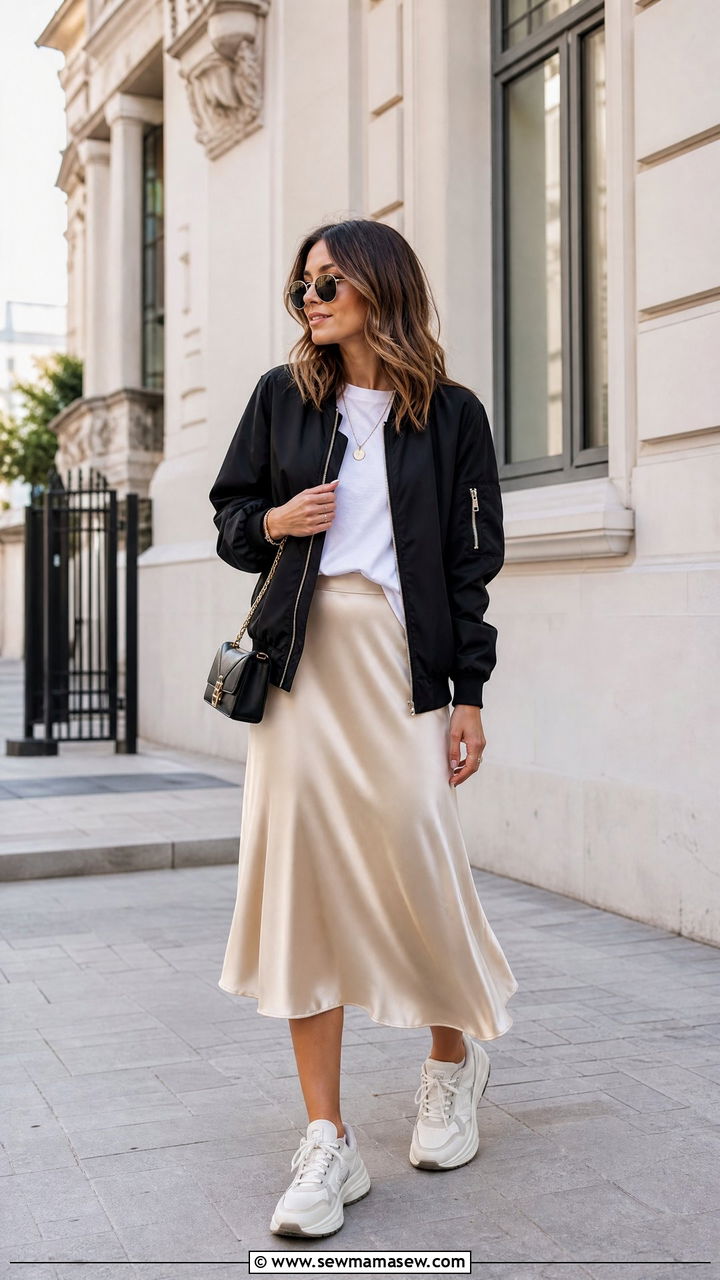 Bomber Jacket with a Slip Skirt - 30 summer to fall outfit ideas