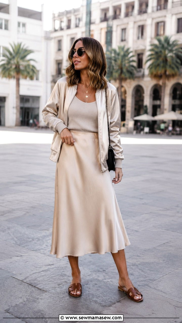Bomber jacket and midi skirt outfit - 30 casual sporty chic outfits