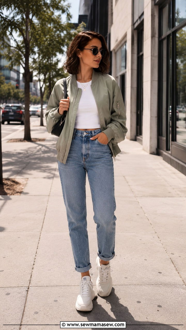 Bomber jacket and mom jeans travel outfit - 25 Minimalist travel capsule wardrobe