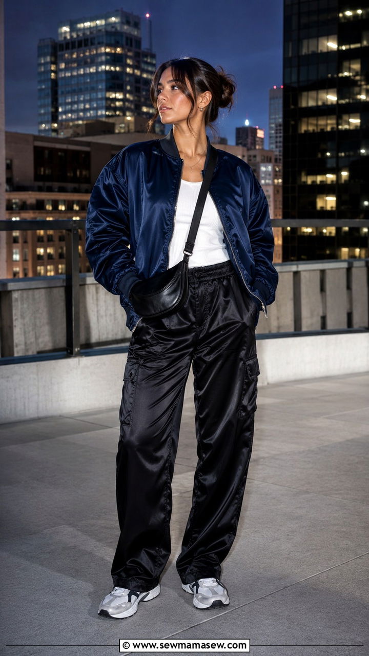 Bomber jacket and satin cargo trousers outfit - 25 Urban planner outfit ideas