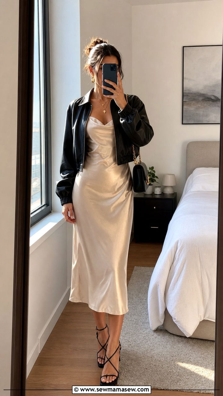 Bomber jacket and slip dress combination - 35 bomber jacket outfit ideas for women