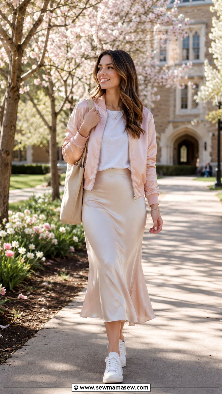 Bomber jacket and slip skirt outfit - 30 spring college outfit ideas