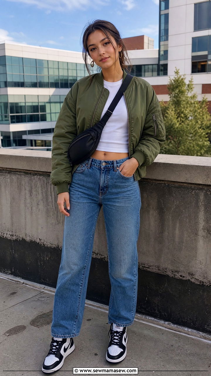 Bomber jacket and straight leg jeans outfit - 30 college outfits inspo