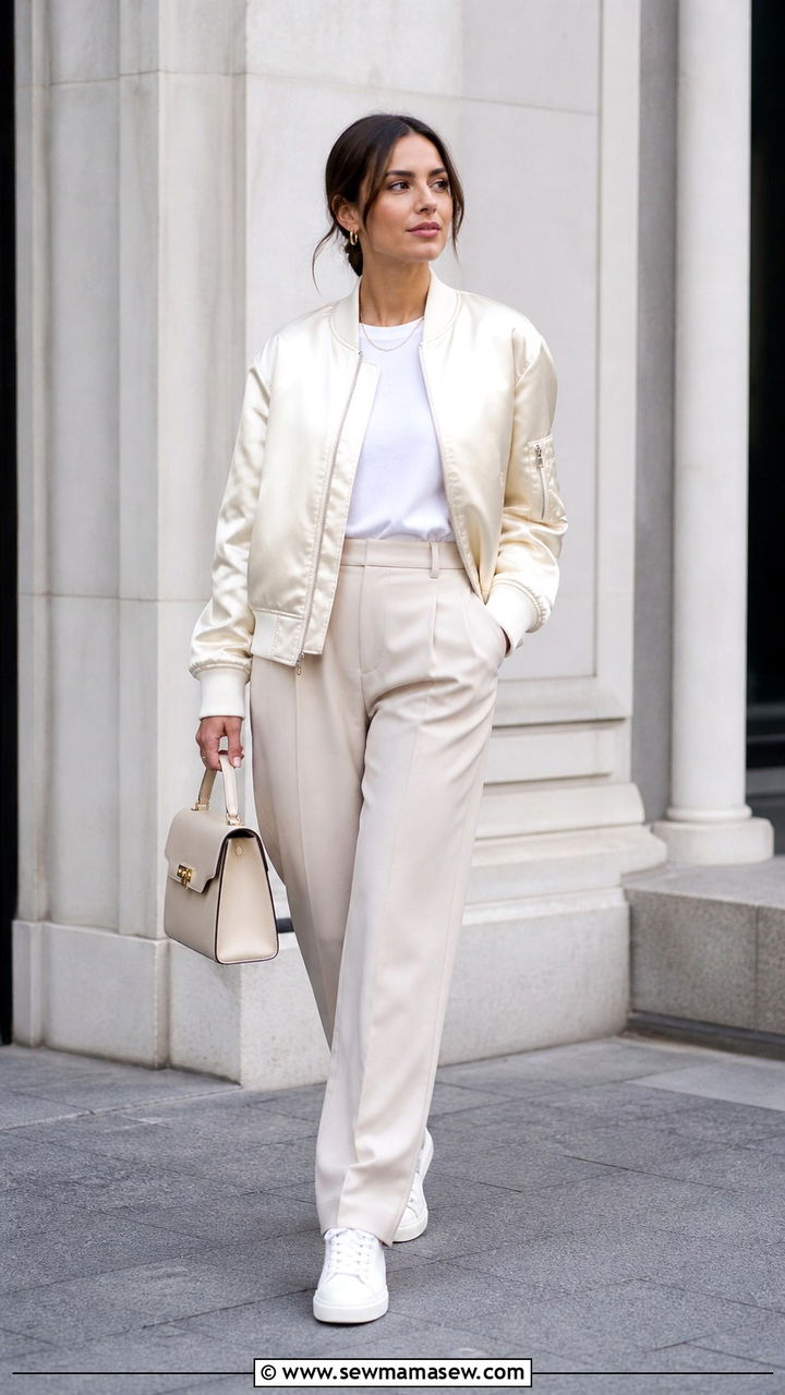 Bomber jacket and tailored trousers - 40 Spring shopping outfit ideas