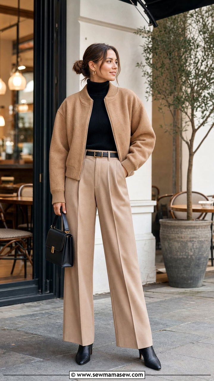 Bomber jacket layered over a turtleneck sweater - 35 bomber jacket outfit ideas for women