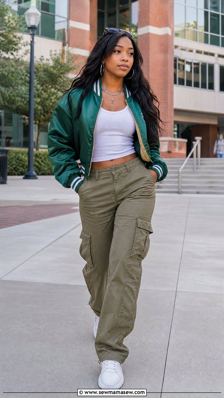 Bomber jacket outfit with cargo pants - 25 Gameday outfit ideas HBCU