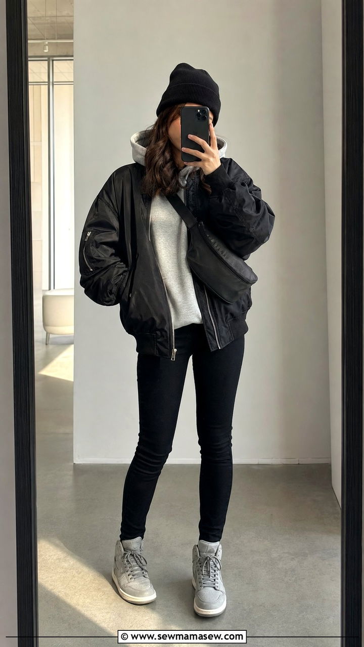 Bomber jacket over a hoodie street style - 35 bomber jacket outfit ideas for women
