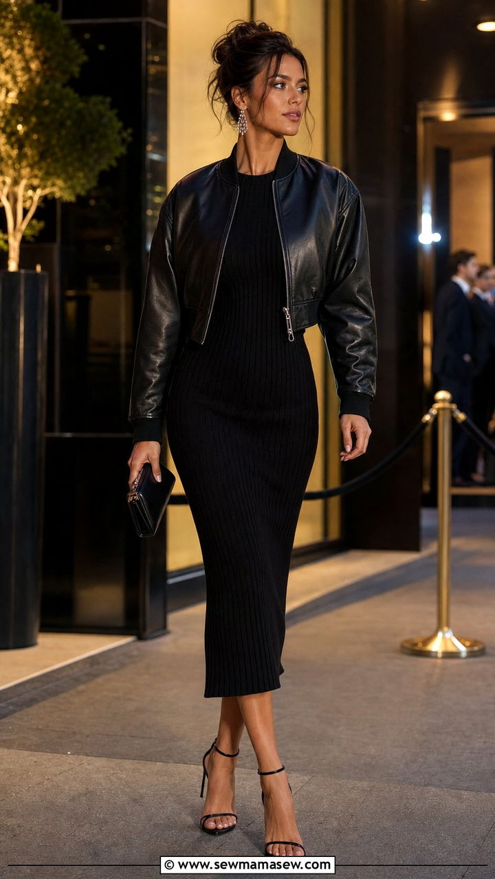Bomber jacket over a midi dress with heels - 35 bomber jacket outfit ideas for women