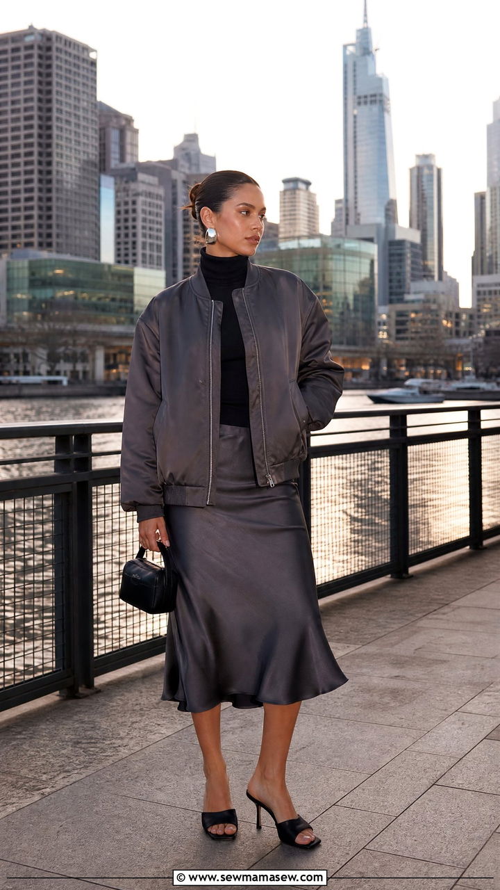 Bomber jacket over slip skirt and kitten heels - 30 summer to fall outfits for women