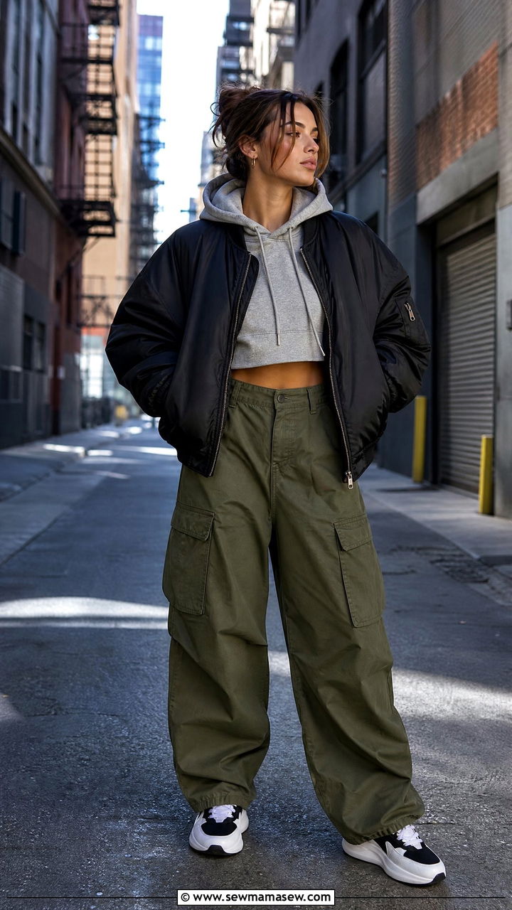 Bomber jacket with a cropped hoodie and wide leg cargo pants - 30 First cold day outfits