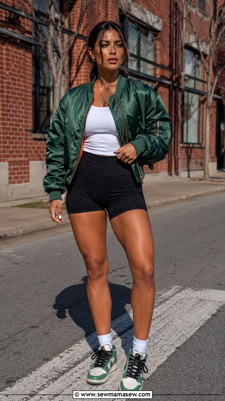 Bomber jacket with bike shorts and sneakers - 30 Outfit ideas for athletic build