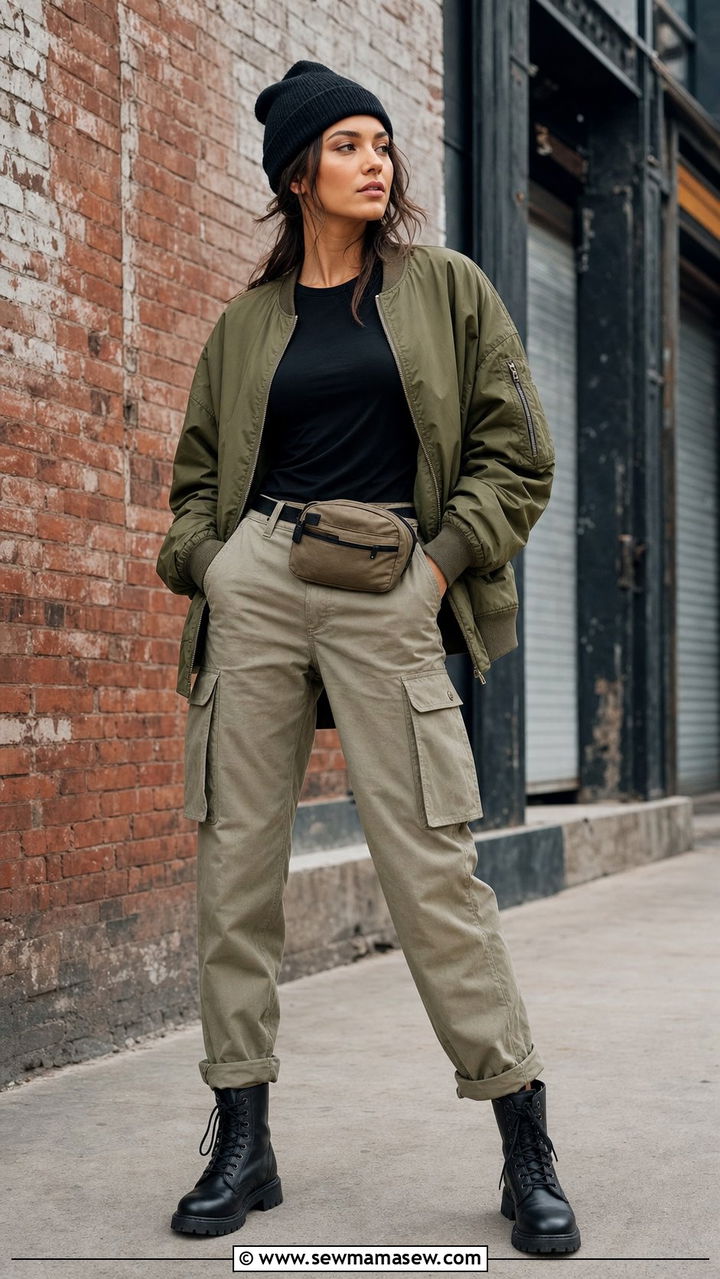 Bomber jacket with cargo pants and combat boots - 35 bomber jacket outfit ideas for women