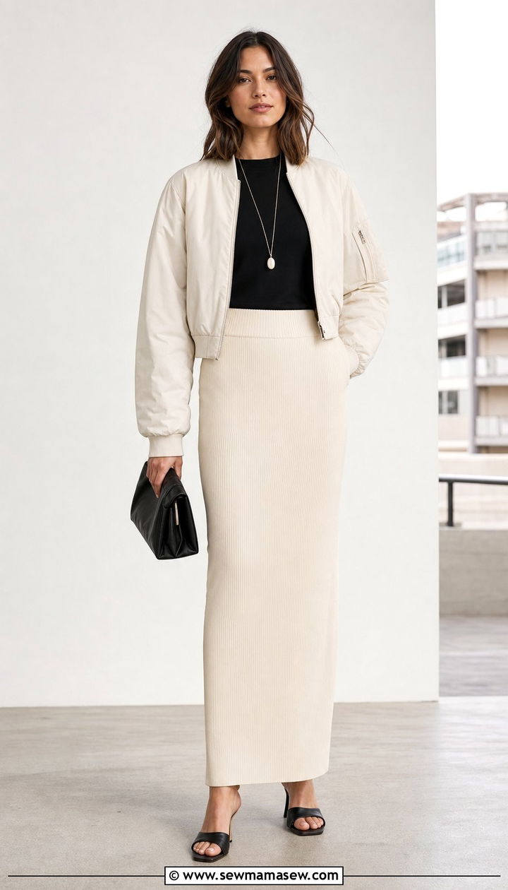 Bomber jacket with column maxi skirt outfit - 35 bomber jacket outfit ideas for women
