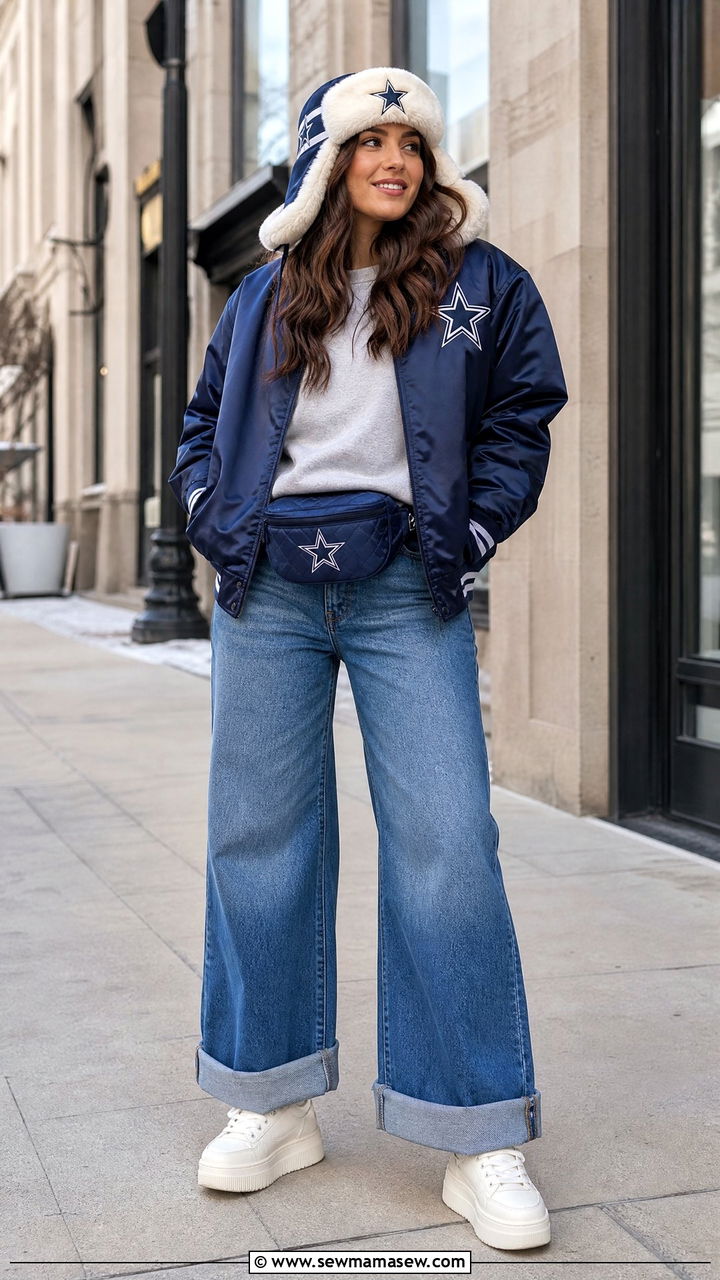 Bomber jacket with crewneck and wide leg jeans - 25 Football game outfit ideas cold