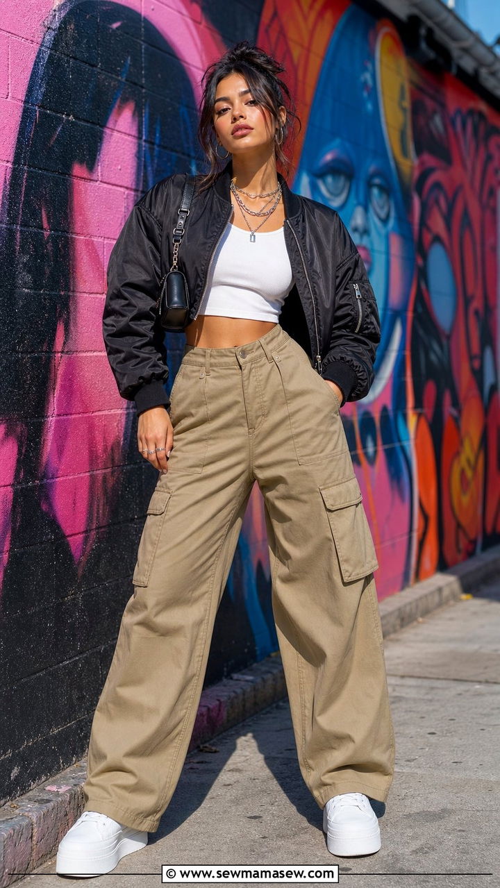 Bomber jacket with crop top and wide leg cargo pants - 35 bomber jacket outfit ideas for women